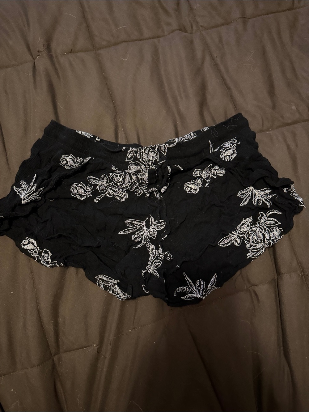 Full Tilt Black Shorts with White Floral Embroidery